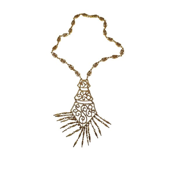 Vintage Monet Gold Filigree Paisley Tassel Statement Necklace 1970S Designer Art - Picture 3 of 16